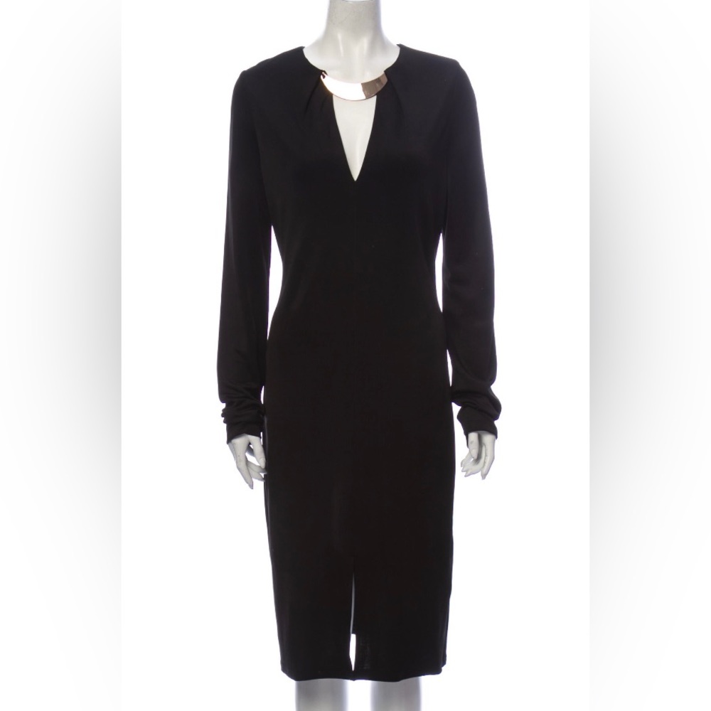 Halston H black dress with deep V neckline & slit opening at bottom